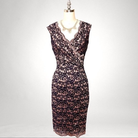 Tahari Lace V Neck Sheath Dress Black & Pink Rose Gold 2 XS - Picture 2 of 11